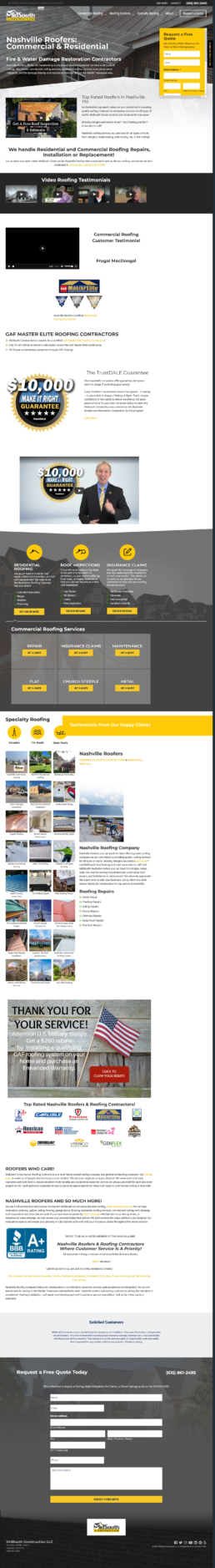 Image of midsouth roofing's construction website based in Nashville, TN.