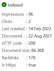 Image of search index results from Bing Webmaster Tools.